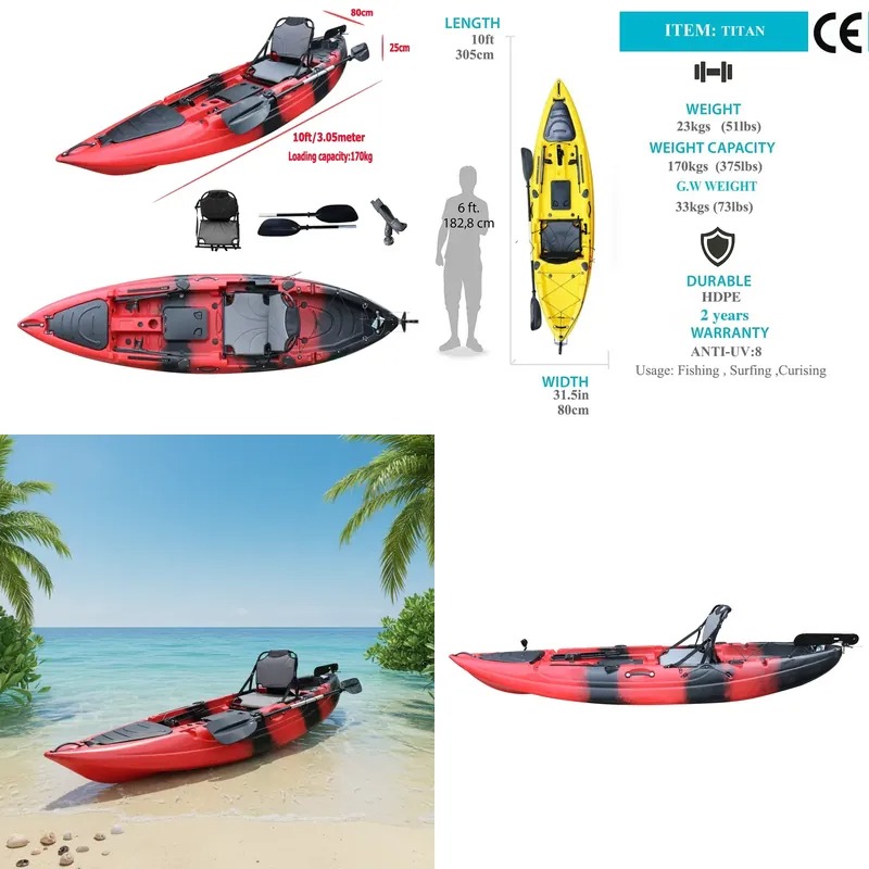 Fishing Kayak Sit In - 10フィートシングルシートシットオンフィッシングパドルカヤック、電動モーター付きカヌー、1人乗りHDPEカヤック、大容量収納ボート