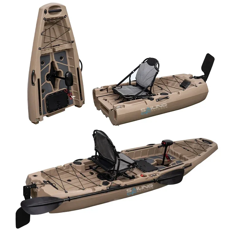 Fishing Kayak Pedal Drive - 9.5フィート 1人乗り 折りたたみ式プラスチックボート 釣り用 2分割モジュラーカヤック プロペラペダル駆動と椅子付き